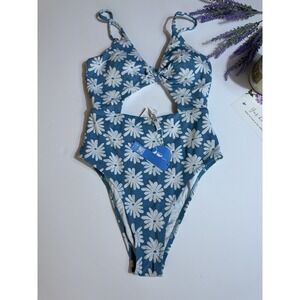 CUPSHE One Piece‎ Swimsuit Women Swimwear Jacquard  V-Neck Blue Floral Size M